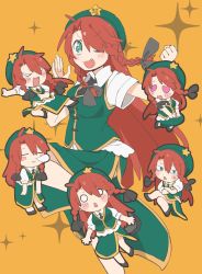 Rule 34 | 0 0, 1girl, angry, beret, braid, chibi, chibi inset, china dress, chinese clothes, citrus (place), dress, hat, hat ornament, heart, heart-shaped eyes, highres, hong meiling, long hair, multiple persona, one eye closed, red hair, sanpaku, sleeping, star (symbol), star hat ornament, touhou, twin braids