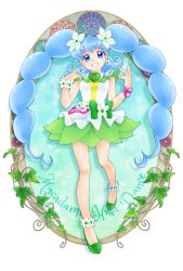 Rule 34 | 1girl, aizen (syoshiyuki), bare legs, blue eyes, blue hair, brooch, cure princess, cure princess (macadamia hula dance), earrings, flower, flower earrings, full body, green footwear, green skirt, grin, hair flower, hair ornament, happinesscharge precure!, heart, heart brooch, highres, jewelry, long hair, looking at viewer, magical girl, precure, shirayuki hime, shoes, sidelocks, skirt, smile, solo, twintails, wrist cuffs