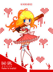 Rule 34 | 1girl, :d, bad girl, bad id, bad pixiv id, baseball bat, blonde hair, blood, blue eyes, breasts, character name, chibi, cleavage, copyright name, dress, frills, gloves, grasshopper manufacture, heart, heart-shaped pupils, long hair, mimu (imonikai), no more heroes, open mouth, smile, solo, symbol-shaped pupils, thighhighs