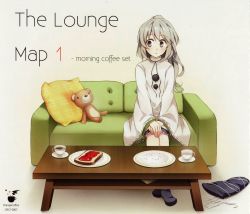 Rule 34 | 1girl, 490, album cover, baggy clothes, blush, boots, circle name, clothes on floor, coffee, coffee mug, couch, cover, crossed legs, crumbs, cup, female focus, grey eyes, hands on own knees, hat, unworn hat, unworn headwear, highres, jam, japanese clothes, kariginu, long hair, mononobe no futo, mug, multicolored clothes, pillow, plate, ponytail, scan, scan artifacts, silver hair, simple background, sitting, skirt, stuffed animal, stuffed toy, table, tate eboshi, teddy bear, title, touhou, white background, wide sleeves