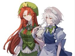Rule 34 | 2girls, apron, armband, bow, chinese clothes, green bow, green eyes, green shirt, green skirt, green vest, hat, hat ornament, holding, holding knife, hong meiling, izayoi sakuya, knife, long hair, looking to the side, maid, maid headdress, multiple girls, red eyes, red hair, shirt, short hair, skirt, star (symbol), star hat ornament, throwing knife, touhou, vest, weapon, white apron, white background, white hair, xian qishui