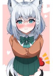 Rule 34 | 1girl, ahoge, alternate costume, animal ear fluff, animal ears, aqua eyes, arms behind back, blush, bow, bowtie, braid, breasts, brown cardigan, cardigan, closed mouth, collared shirt, commentary request, earrings, embarrassed, fox ears, fox girl, fox tail, green bow, green bowtie, green skirt, hair between eyes, heart, highres, hitanirin, holding, holding behind back, hololive, jewelry, leaning forward, long hair, looking at viewer, medium breasts, pink background, pleated skirt, shirakami fubuki, shirt, side braid, sidelocks, single earring, skirt, solo, straight-on, tail, valentine, virtual youtuber, wavy mouth, white hair, white shirt