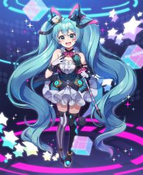 Rule 34 | 1girl, aqua eyes, aqua hair, argyle, argyle clothes, argyle legwear, asymmetrical legwear, bare shoulders, black thighhighs, breasts, chyoling, cube, dot nose, facial tattoo, feet together, full body, gloves, grey thighhighs, hands up, hatsune miku, highres, holding, holding microphone stand, legs, long hair, looking at viewer, magical mirai (vocaloid), magical mirai miku, magical mirai miku (2019), microphone stand, mismatched legwear, neon trim, number tattoo, open mouth, raised eyebrows, shoulder tattoo, skirt, solo, star (symbol), striped clothes, striped thighhighs, tattoo, thigh gap, thighhighs, twintails, vertical-striped clothes, vertical-striped thighhighs, very long hair, vocaloid, white gloves, white skirt