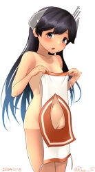 Rule 34 | 1girl, black hair, brown eyes, convenient censoring, cowboy shot, dated, headgear, i-400 (kancolle), kantai collection, looking at viewer, nude, one-hour drawing challenge, one-piece tan, orange sailor collar, ray.s, sailor collar, sailor shirt, shirt, side-tie shirt, simple background, solo, standing, tan, tanline, twitter username, white background