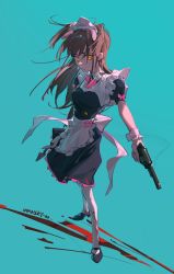 Rule 34 | 1girl, absurdres, akiba maid sensou, animal ears, apron, black dress, black footwear, blood, blunt bangs, bow, brown eyes, brown hair, dress, fake animal ears, frilled apron, frills, full body, gun, highres, holding, holding gun, holding weapon, long hair, looking to the side, maid, maid apron, maid headdress, nyansky, open mouth, pig ears, pink bow, simple background, socks, standing, two side up, wahira nagomi, waist apron, weapon, white apron, white socks, wrist cuffs