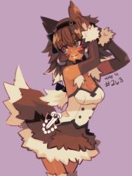Rule 34 | 1girl, animal ears, artist name, black bow, black hairband, bow, bowtie, breasts, brown hair, cleavage, colored eyelashes, commentary, cowboy shot, creatures (company), dark-skinned female, dark skin, dated, earrings, elbow gloves, english commentary, fur-trimmed gloves, fur trim, game freak, gen 3 pokemon, gloves, hairband, high-waist skirt, hopebiscuit, jewelry, long hair, looking back, medium breasts, multicolored hair, nintendo, personification, pokemon, purple background, purple theme, rhinestone, ringed eyes, signature, simple background, skirt, sleeveless, smile, solo, tail, teeth, thighhighs, two-tone hair, white lips, zigzagoon