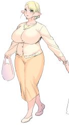Rule 34 | 1girl, aqua eyes, bad id, bad pixiv id, bag, blonde hair, breasts, commentary, elf-san wa yaserarenai., elfuda (elf-san wa yaserarenai.), handbag, highres, huge breasts, light smile, lipstick, makeup, mature female, plump, pointy ears, short hair, simple background, solo, standing, synecdoche, white background, wide hips