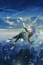 Rule 34 | 1girl, absurdres, arm up, black hairband, black jacket, blue eyes, blue skirt, blush, city, closed mouth, collared shirt, cropped jacket, firefly (honkai: star rail), floating, floating hair, full body, green thighhighs, grey hair, hair intakes, hairband, heart, high heels, highres, honkai: star rail, honkai (series), jacket, lens flare, long hair, long sleeves, miniskirt, neckerchief, night, night sky, orange neckerchief, outdoors, outstretched arm, pink eyes, pleated skirt, sakuradani, shirt, shooting star, sidelocks, signature, skirt, sky, smile, solo, star (sky), starry sky, thighhighs, two-tone eyes, white footwear, white shirt