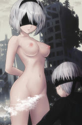 Rule 34 | 1boy, 1girl, 2b (nier:automata), 9s (nier:automata), arms behind back, black blindfold, black hairband, blindfold, breasts, clothed male nude female, collarbone, commentary request, completely nude, convenient censoring, hairband, hetero, highres, legs apart, mole, mole under mouth, nanikairu, navel, nier:automata, nier (series), nipples, nude, outdoors, paid reward available, parted lips, post-apocalypse, ruins, short hair, standing, steam, steam censor, stomach, white hair