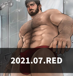Rule 34 | 1boy, abs, absurdres, arm hair, bara, blush, briefs, bulge, chest hair, dopey (dopq), erection, erection under clothes, feet out of frame, hairy, highres, large pectorals, looking at viewer, male focus, male underwear, mature male, muscular, muscular male, navel, navel hair, nipples, original, paid reward available, pectorals, red male underwear, short hair, shower (place), solo, standing, stomach, thick thighs, thighs, topless male, underwear, underwear only