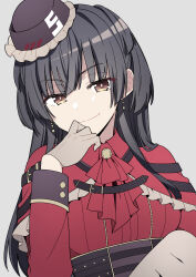 Rule 34 | 1girl, black hair, brown eyes, capelet, collared shirt, earrings, frilled capelet, frills, gloves, grey gloves, hat, highres, idolmaster, idolmaster shiny colors, jewelry, long hair, long sleeves, looking at viewer, mayuzumi fuyuko, pepuko, red capelet, red shirt, shirt, smile, smug, solo, tilted headwear, upper body, white background