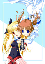 Rule 34 | 00s, 2girls, ;d, arm belt, belt, black bow, blonde hair, blue eyes, bow, brown hair, buckle, cowboy shot, fate testarossa, fate testarossa (lightning form), fingerless gloves, gloves, hair bow, long hair, looking at another, lyrical nanoha, magical girl, maho (yakimorokoshi), mahou shoujo lyrical nanoha, mahou shoujo lyrical nanoha a&#039;s, multiple girls, one eye closed, open mouth, purple eyes, red eyes, red hair, rotational symmetry, short hair, sidelocks, smile, takamachi nanoha, twintails, white bow