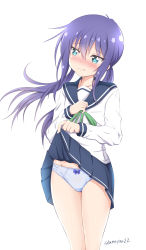 Rule 34 | 1girl, blue eyes, blue panties, blue sailor collar, blue skirt, blush, bow, bow panties, closed mouth, clothes lift, commentary request, green ribbon, hair between eyes, highres, koisuru asteroid, lifting own clothes, long hair, long sleeves, low twintails, manaka ao, neck ribbon, nose blush, panties, pleated skirt, purple hair, ribbon, sailor collar, school uniform, serafuku, shirt, sidelocks, simple background, skirt, skirt lift, solo, tamayan, twintails, twitter username, underwear, very long hair, white background, white shirt