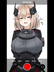 Rule 34 | 1girl, akaoni (zumt3548), alternate costume, arms behind back, azur lane, blonde hair, blush, breasts, brown eyes, closed mouth, commentary, commentary request, commission, cowboy shot, doyagao, hair between eyes, half-closed eyes, headgear, highres, large breasts, looking at viewer, multicolored hair, fake phone screenshot, pov, recording, red hair, revision, roon (azur lane), shirt, short hair, short sleeves, sidelocks, simple background, skeb commission, smile, smug, solo, standing, streaked hair, viewfinder, white background