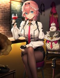 Rule 34 | 1girl, absurdres, blue eyes, breasts, unworn cape, counter, crossed legs, cup, drinking glass, ganmo (takane lui), high-waist shorts, highres, hololive, holox, large breasts, pantyhose, pantyhose under shorts, phonograph, pink hair, short hair, shorts, sitting, smile, stool, sunkilow, takane lui, takane lui (1st costume), thighs, tsukune (takane lui), tsumire (takane lui), virtual youtuber, whip, wine glass