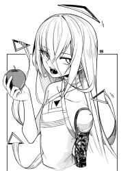 Rule 34 | 1other, a:n (angrynum), androgynous, apple, collarbone, fangs, food, fruit, greyscale, halo, halterneck, highres, holding, holding food, holding fruit, hololive, hololive english, long hair, mechanical arms, monochrome, omega alpha, open mouth, single mechanical arm, solo, triangle halo, virtual youtuber
