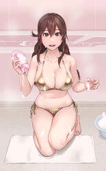 Rule 34 | 1girl, bare arms, bare legs, bare shoulders, barefoot, bathtub, bikini, braid, breasts, brown hair, cleavage, collarbone, gold bikini, green eyes, hair between eyes, highres, holding, kantai collection, large breasts, long hair, looking at viewer, navel, noshiro (kancolle), open mouth, solo, suggestive fluid, swimsuit, twin braids, yuuji (and)