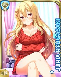 Rule 34 | 1girl, bare legs, barefoot, bed, bedroom, blonde hair, bottomless, breasts, card (medium), character name, cleavage, closed mouth, crossed legs, girlfriend (kari), hair ornament, indoors, nervous, official art, qp:flapper, red eyes, red sweater, ryugasaki juria, sitting, sweater, tagme, x hair ornament