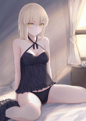Rule 34 | 1girl, absurdres, artoria pendragon (all), artoria pendragon (fate), bare shoulders, black camisole, black panties, blonde hair, blush, breasts, camisole, cleavage, collarbone, fate/stay night, fate (series), highres, long hair, looking at viewer, medium breasts, okuma707, panties, saber alter, sitting, thighs, underwear, wariza, yellow eyes