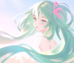 Rule 34 | 1girl, aqua hair, blue eyes, crying, crying with eyes open, dark duck, day, from side, hatsune miku, long hair, looking at viewer, miku day, outdoors, solo, tears, topless, twintails, upper body, vocaloid, wind
