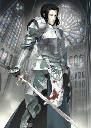 Rule 34 | 1boy, armor, black eyes, black hair, blood, blood on clothes, gilles de rais (caster) (fate), church, cross, fate/grand order, fate (series), gilles de rais (saber) (fate), holding, holding sword, holding weapon, looking at viewer, male focus, official art, resized, shinjirou, solo, sword, upscaled, waifu2x, weapon
