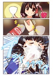 Rule 34 | 10s, 2girls, 3koma, alcohol, bad id, bad pixiv id, black hair, blush, brown eyes, comic, cup, drinking glass, haguro (kancolle), hair between eyes, hair ornament, highres, kantai collection, minase kaya, multiple girls, myoukou (kancolle), myoukou pose, open mouth, school uniform, short hair, smug, thought bubble, translation request, wine, wine glass