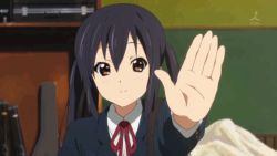 Rule 34 | 1girl, animated, animated gif, black hair, brown eyes, hand focus, k-on!, long hair, lowres, nakano azusa, neck ribbon, red ribbon, ribbon, salute, school uniform, screencap, solo, twintails, vulcan salute
