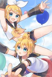 Rule 34 | 1boy, 1girl, akikan sabago, anniversary, arm warmers, balloon, bare shoulders, bass clef, black collar, black shorts, blonde hair, blue eyes, blue sky, bow, cloud, collar, commentary, crop top, day, falling, fang, hair bow, hair ornament, hairclip, highres, kagamine len, kagamine rin, looking at viewer, neckerchief, necktie, open mouth, outstretched arms, sailor collar, school uniform, shirt, short hair, short ponytail, short shorts, short sleeves, shorts, skin fang, sky, sleeveless, sleeveless shirt, smile, spiked hair, swept bangs, treble clef, vocaloid, white bow, white shirt, yellow neckerchief