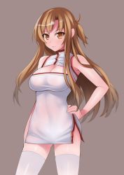 Rule 34 | 10s, 1girl, asuna (sao), breasts, brown background, brown eyes, brown hair, cleavage, hand on own hip, hevn, large breasts, long hair, looking at viewer, simple background, solo, sword art online, thighhighs, white thighhighs