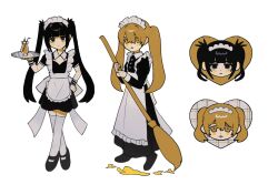 Rule 34 | 2girls, :&lt;, :d, apron, black dress, black eyes, black hair, blunt bangs, broom, closed mouth, crossed ankles, dot nose, dress, drink, frilled apron, frills, full body, hand on own hip, highres, holding, holding broom, holding tray, inu dakisime, long bangs, long dress, long hair, looking at viewer, maid, maid headdress, multiple girls, multiple views, open mouth, orange eyes, orange hair, original, short dress, simple background, smile, standing, thighhighs, tray, twintails, very long hair, white apron, white background, white thighhighs, zettai ryouiki
