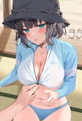 Rule 34 | 1boy, 1girl, bikini, bikini bottom only, black hair, blue archive, blue eyes, blush, breasts, cleavage, collarbone, combat helmet, cropped jacket, helmet, highres, hizuki higure, large breasts, navel, open mouth, pulling another&#039;s clothes, raglan sleeves, saki (blue archive), saki (swimsuit) (blue archive), short hair, solo, solo focus, stahlhelm, stomach, swimsuit, tatami, thighs, wet, zipper pull tab