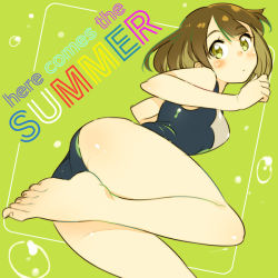 Rule 34 | 1girl, ass, barefoot, blush, breasts, brown hair, closed mouth, english text, eyebrows, feet, female focus, foreshortening, green background, green eyes, head tilt, looking back, medium breasts, one-piece swimsuit, original, short hair, solo, summer, swimsuit, thighs, toes, zpolice