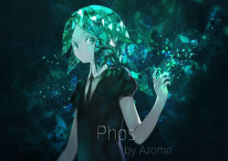 Rule 34 | androgynous, artist name, azomo, black necktie, black shirt, character name, collared shirt, gender request, green eyes, green hair, highres, houseki no kuni, looking at viewer, necktie, phosphophyllite, shirt, short hair, solo, upper body, white shirt, wing collar