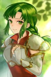 Rule 34 | 1girl, armor, breastplate, closed mouth, dress, elbow gloves, fingerless gloves, fire emblem, fire emblem: the sacred stones, gloves, green eyes, green hair, kiyuu, long hair, looking at viewer, nintendo, shoulder armor, smile, solo, upper body, vanessa (fire emblem), white gloves