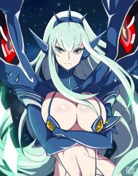 Rule 34 | 1girl, alternate color, alternate hair color, artist name, blue eyes, blue gloves, blue hairband, breasts, closed mouth, commentary request, crossed arms, frown, gloves, green hair, gurepyon, hairband, impossible clothes, junketsu, junketsu shinzui, kamui (kill la kill), kill la kill, kill la kill: if, kiryuuin satsuki, large breasts, long hair, looking at viewer, navel, solo, spiked hairband, spikes, very long hair