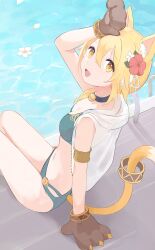Rule 34 | 1girl, :d, absurdres, animal ear fluff, animal ears, animal hands, arm support, arm up, armlet, bell, bikini, breasts, cat ears, cat girl, cat ornament, cat paws, commentary request, flower, gloves, hair flower, hair ornament, highres, hiyori (princess connect!), hiyori (summer) (princess connect!), jacket, looking at viewer, medium breasts, navel, official alternate costume, onigiri noe, open mouth, outdoors, paw gloves, princess connect!, see-through, see-through jacket, short hair, sitting, smile, soaking feet, swimsuit, yellow tail