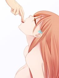 Rule 34 | 1girl, 57 (lme piggy117), bleach, breasts, cleavage, closed eyes, completely nude, finger in another&#039;s mouth, from side, hair between eyes, hair ornament, hairpin, inoue orihime, long hair, nude, open mouth, orange hair, sexually suggestive, sideboob, simple background, solo focus, tongue, tongue out, topless, white background