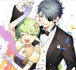 Rule 34 | 1boy, 1girl, :d, ^ ^, arm up, black bow, black bowtie, black dress, black jacket, blue eyes, blush, bow, bowtie, breasts, closed eyes, collared shirt, commentary, confetti, dress, dress shirt, eyepatch, formal, frilled dress, frills, gloves, green hair, grey hair, hair ornament, holding hands, jacket, long sleeves, open clothes, open jacket, open mouth, pandoria (xenoblade), puffy short sleeves, puffy sleeves, purple gloves, round teeth, shirt, short sleeves, small breasts, smile, star (symbol), star hair ornament, stephanieh81080, suit, symbol-only commentary, teeth, upper body, upper teeth only, vest, white shirt, white vest, xenoblade chronicles (series), xenoblade chronicles 2, zeke von genbu (xenoblade)