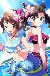 Rule 34 | 2girls, ;d, absurdres, asymmetrical bangs, bad id, bad pixiv id, blue sarong, blue shirt, blush, brown eyes, brown hair, closed mouth, cloud, collarbone, commentary request, creatures (company), day, eyelashes, flower, game freak, gloria (pokemon), gloria (summer 2021) (pokemon), green eyes, hair flower, hair ornament, highres, jewelry, lens flare, looking at viewer, looking back, marnie (pokemon), marnie (summer 2021) (pokemon), miyama (yakinikusushi the royal), multiple girls, navel, necklace, nintendo, official alternate costume, one eye closed, open mouth, outdoors, pink flower, pokemon, pokemon masters ex, purple flower, purple sarong, sarong, shirt, short hair, sky, sleeveless, sleeveless shirt, smile, sparkle, teeth, tongue, twintails, twitter username, upper teeth only, water