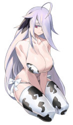 Rule 34 | 1girl, ahoge, animal print, bare shoulders, between legs, black feathers, black thighhighs, bow, breasts, cacaco, chiara (cacaco), chinese zodiac, closed mouth, collarbone, cow print, eyelashes, feather hair ornament, feathers, frown, grey hair, hair ornament, hair over one eye, hand between legs, highres, kneeling, large breasts, long eyelashes, long hair, original, purple eyes, simple background, skindentation, solo, thighhighs, very long hair, white background, white bow, white thighhighs, year of the ox