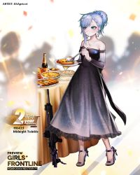 Rule 34 | 1girl, assault rifle, asymmetrical hair, bare shoulders, black dress, blue flower, blue footwear, blue hair, blue nails, blurry, blurry background, bottle, braid, breasts, bsapricot, carbine, cleavage, collarbone, commentary, cup, depth of field, dress, drinking glass, english commentary, flower, food, frilled dress, frills, girls&#039; frontline, green eyes, gun, h&amp;k hk433, hair bun, hair flower, hair ornament, high heels, holding, holding plate, jewelry, ladle, long sleeves, medium breasts, nail polish, necklace, off-shoulder dress, off shoulder, original, plate, rifle, see-through, shoes, sidelocks, silhouette, single hair bun, solo focus, table, tablecloth, toenail polish, toenails, weapon, wine glass