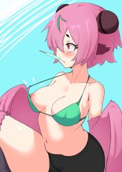 Rule 34 | 1girl, absurdres, animal ears, bare shoulders, belly, bike shorts, bikini, bikini pull, bird ears, bird legs, blush, breasts, clothes pull, double bun, feathered wings, feathers, food, green bikini, hair bun, harpy, highres, medium breasts, midriff, monster girl, mouth hold, navel, nipples, notice lines, original, pink feathers, pink hair, pink wings, popsicle, pulled by self, red eyes, short hair, solo, swimsuit, thus0thus, tus77, winged arms, wings