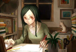 Rule 34 | 1girl, bad id, bad pixiv id, brown eyes, desk, face, food, glasses, green hair, lamp, left-handed, mikihisa415, mouse (animal), original, pencil, plant, potted plant, scissors, solo