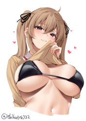 Rule 34 | 1girl, bikini, black bikini, black ribbon, blush, breasts, closed mouth, clothes lift, cropped torso, ebifurya, hair between eyes, hair ribbon, hand up, heart, highres, kantai collection, large breasts, lifting own clothes, light brown hair, long hair, long sleeves, looking at viewer, murasame (kancolle), navel, one-hour drawing challenge, ribbon, simple background, skindentation, smug, solo, swimsuit, twintails, twitter username, underboob, upper body, white background