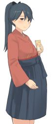 Rule 34 | 10s, 1girl, black eyes, black hair, book, hand on own stomach, houshou (kancolle), japanese clothes, kantai collection, kimono, long hair, looking at viewer, ponytail, pregnant, simple background, smile, solo, taji (crowview), white background