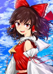 Rule 34 | 1girl, absurdres, ascot, bare shoulders, bow, brown hair, cloud, cloudy sky, collared shirt, detached sleeves, frilled bow, frills, hair bow, hair tubes, hakurei reimu, highres, large bow, looking at viewer, medium hair, midriff, open mouth, red bow, red eyes, red ribbon, red shirt, ribbon, sen (daydream 53), shirt, sidelocks, sky, sleeve ribbon, sleeveless, sleeveless shirt, solo, teeth, touhou, upper teeth only, wide sleeves, yellow ascot