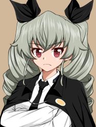Rule 34 | 1girl, anchovy (girls und panzer), anzio school uniform, black cape, black necktie, black ribbon, brown background, cape, closed mouth, commentary, crossed arms, dress shirt, drill hair, frown, girls und panzer, green hair, hair ribbon, highres, long hair, long sleeves, looking at viewer, necktie, red eyes, ribbon, ruka (piyopiyopu), school uniform, shirt, simple background, solo, twin drills, twintails, upper body, white shirt