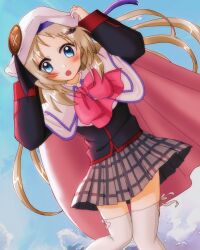Rule 34 | 1girl, :o, arms up, bat hair ornament, beret, black jacket, blue eyes, blue sky, blush, bow, cape, commentary, day, dutch angle, feet out of frame, floating hair, grey hair, grey shirt, hair ornament, hat, jacket, little busters!, little busters! school uniform, long hair, long sleeves, looking at viewer, miniskirt, noumi kudryavka, open mouth, outdoors, parted bangs, pink bow, pink cape, plaid, plaid skirt, school uniform, shirt, skirt, sky, solo, standing, tareme, thighhighs, two-sided cape, two-sided fabric, wasabi11060612, white cape, white hat, white thighhighs, zettai ryouiki