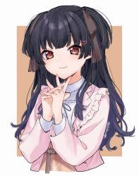 Rule 34 | 1girl, black hair, blunt bangs, blunt ends, cardigan, cropped torso, heart, high-waist skirt, highres, idolmaster, idolmaster shiny colors, interlocked fingers, looking at viewer, mayuzumi fuyuko, own hands together, pink cardigan, simple background, skirt, smile, solo, tanka kikurage, two-tone background, two side up