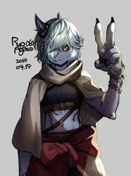 Rule 34 | 1other, agawa ryou, androgynous, backlighting, black nails, black sclera, cloak, colored sclera, commentary, crop top, dated, english commentary, fingernails, green hair, grey background, hair over one eye, horn ornament, horns, long fingernails, midriff, nail polish, navel, oni, original, oversized limbs, short hair, simple background, single horn, solo, v, yellow eyes